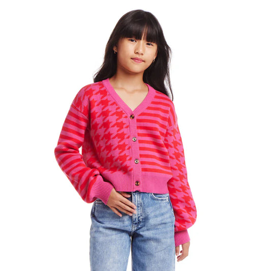 Andy & Evan Houndstooth and Striped Cardigan - Pink and Red