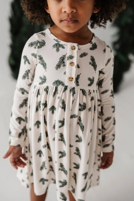 Long Sleeve Henley Dress - Pine Leaves